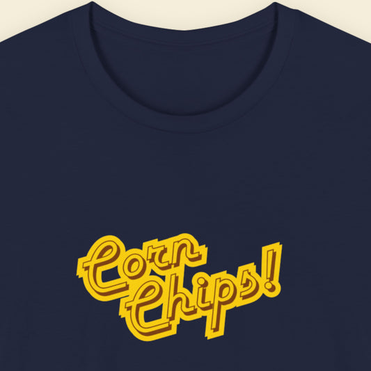Navy t-shirt with multicolored 'Corn Chips!' text on a beige background.