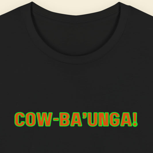 Black t-shirt with 'COW-BA'UNGA!' text in green and red on a beige background.
