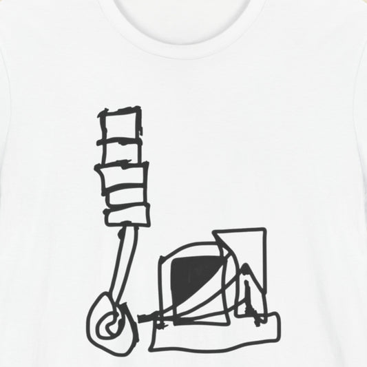 White t-shirt t-shirt with an abstract line drawing.