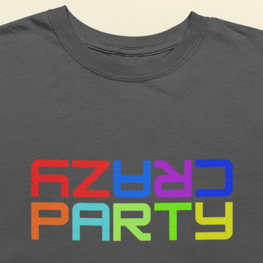 Gray t-shirt with colorful 'Crazy Party' text on a beige background