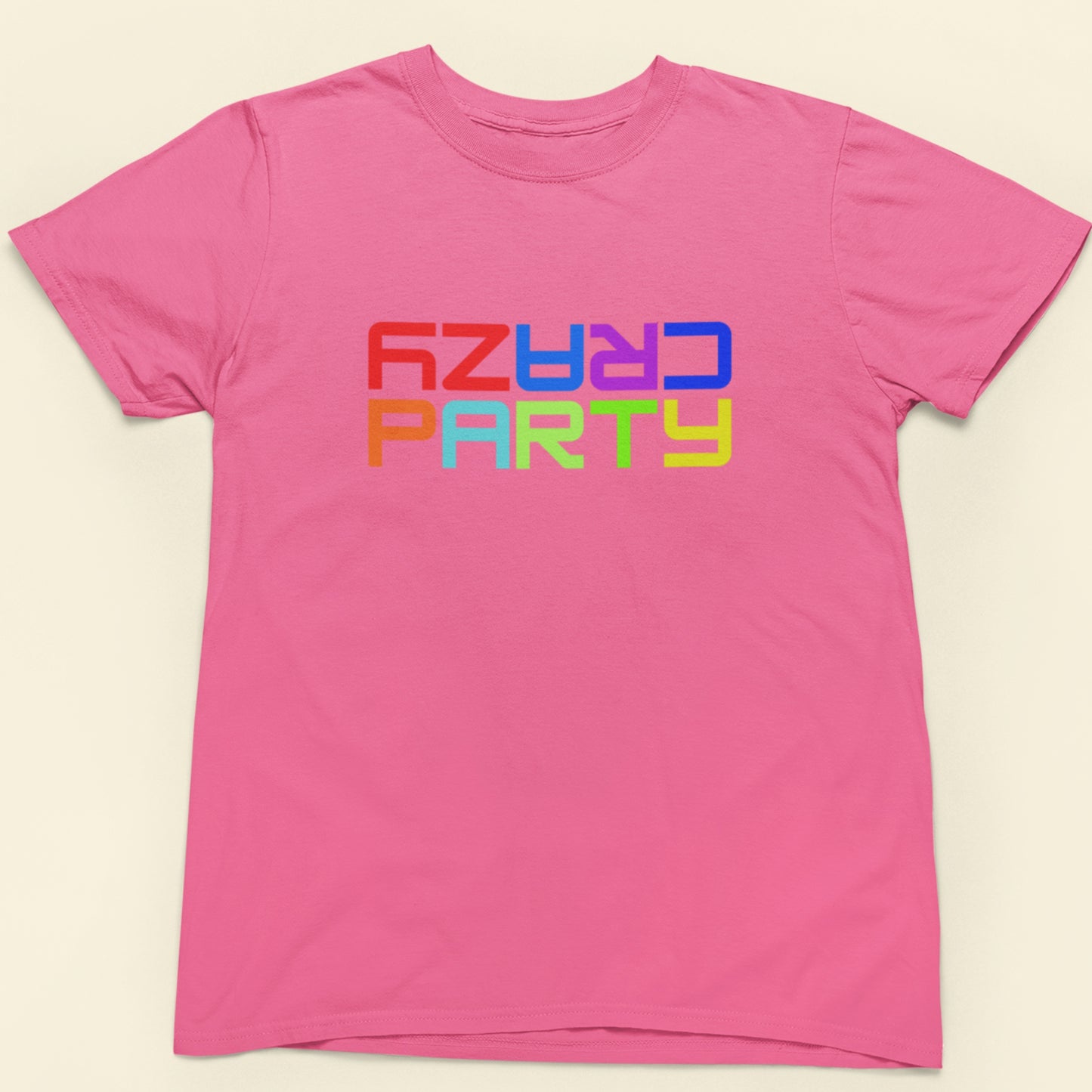 Pink t-shirt with colorful text 'CRAZY PARTY' on a beige background