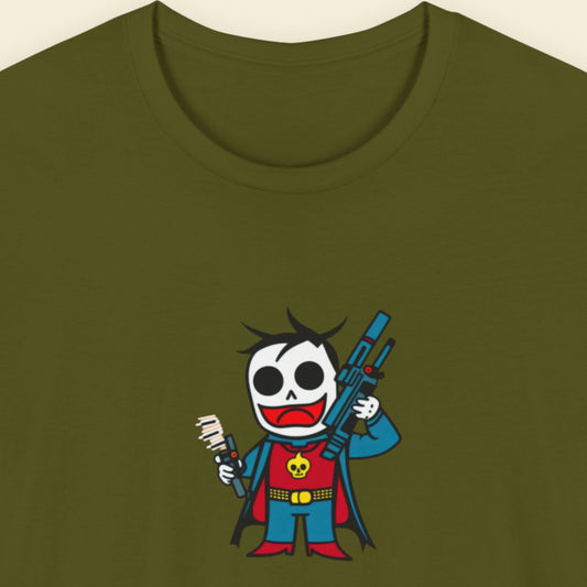 Green tee with a fun, colorful cartoon illustration on a beige background.