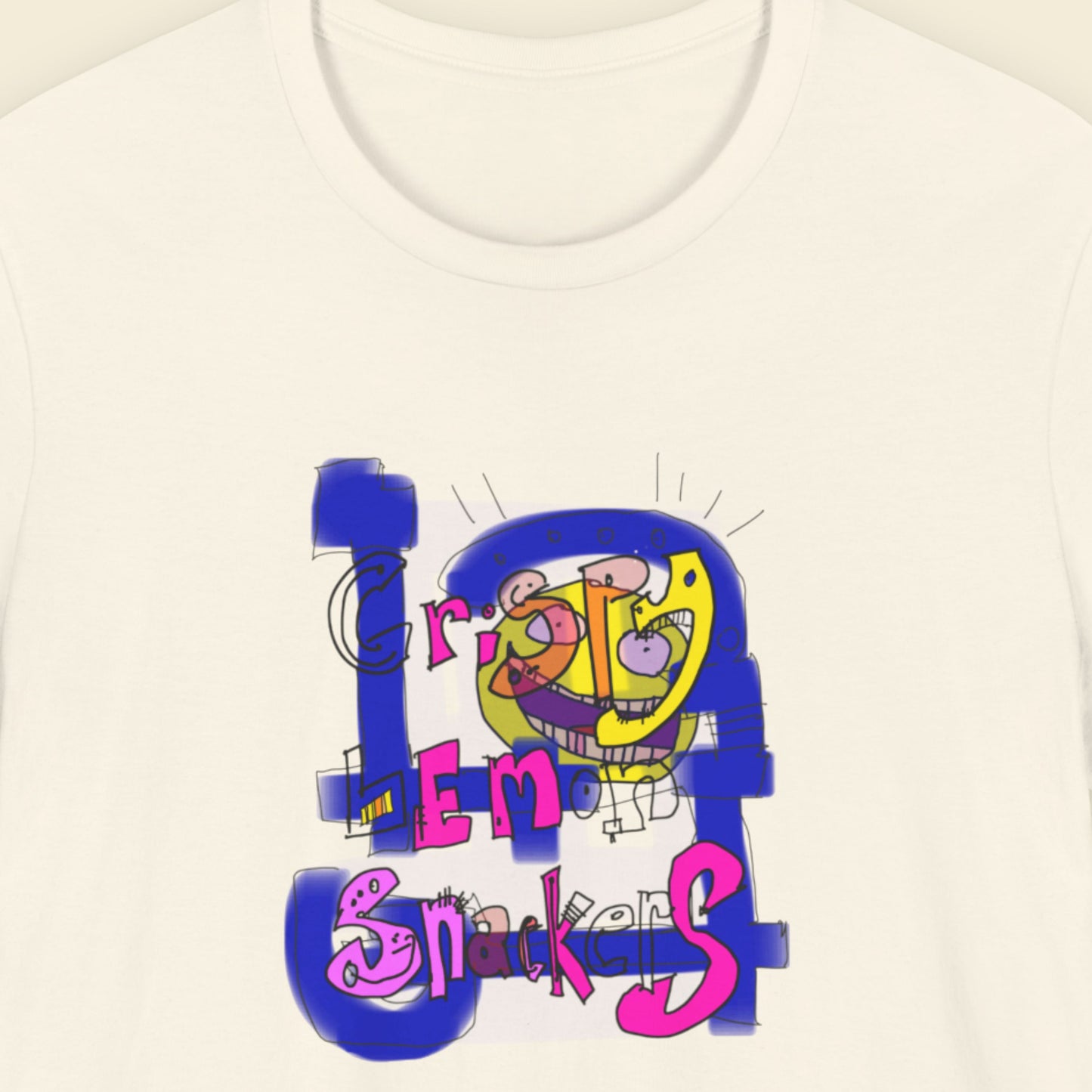 Off-white t-shirt with a colorful abstract trash graff drawing on a beige background.