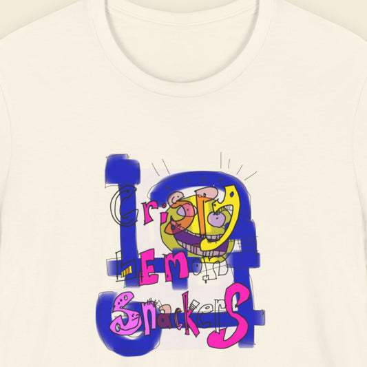 Off-white t-shirt with a colorful abstract trash graff drawing on a beige background.
