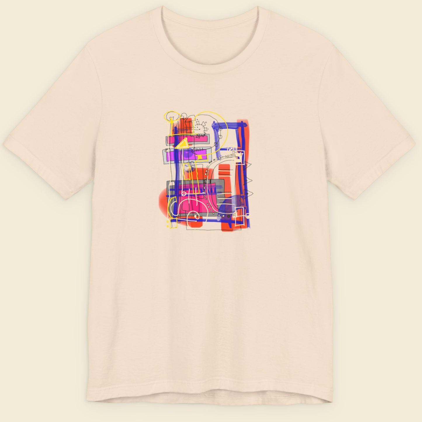 Beige t-shirt with a colorful drawing on a beige background.