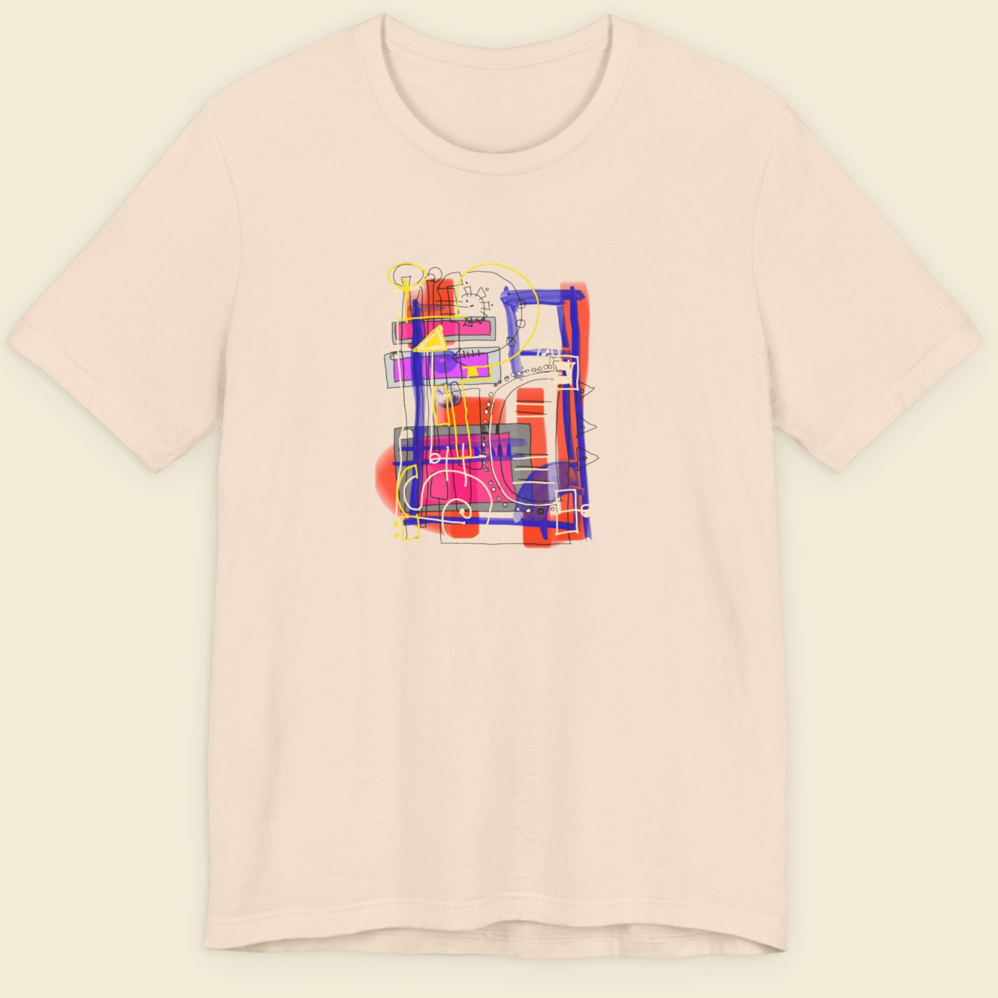 Beige t-shirt with a colorful drawing on a beige background.