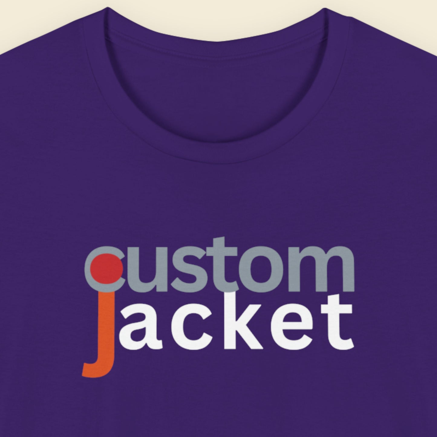 Purple t-shirt with 'custom jacket' text on a beige background.