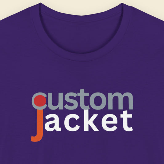 Purple t-shirt with 'custom jacket' text on a beige background.