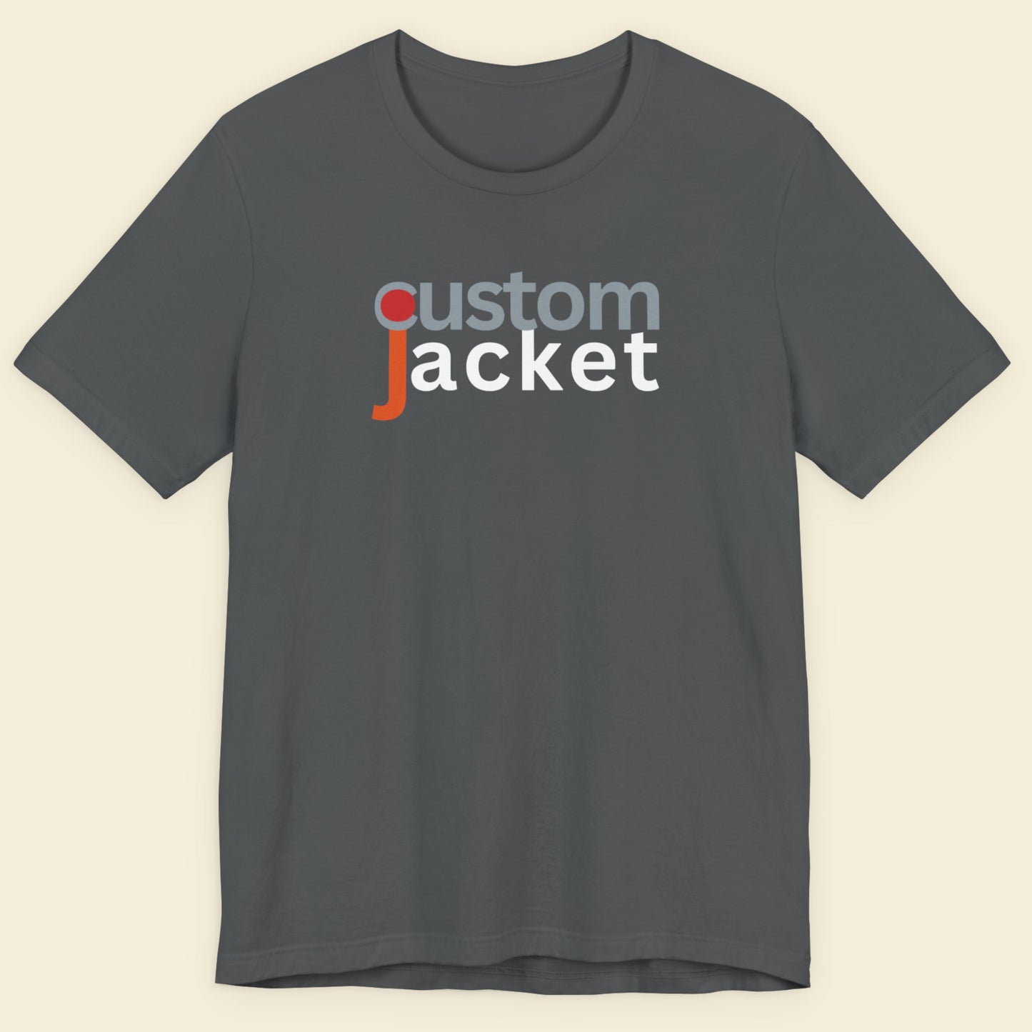 Gray t-shirt with 'custom jacket' text on a beige background.