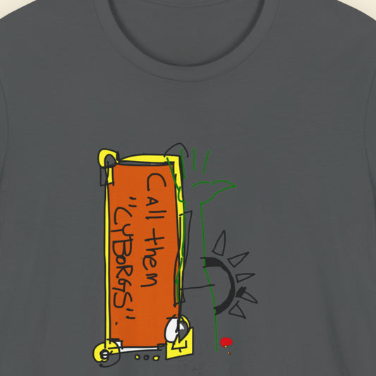Grey t-shirt with a colorful abstract drawing on a beige background.