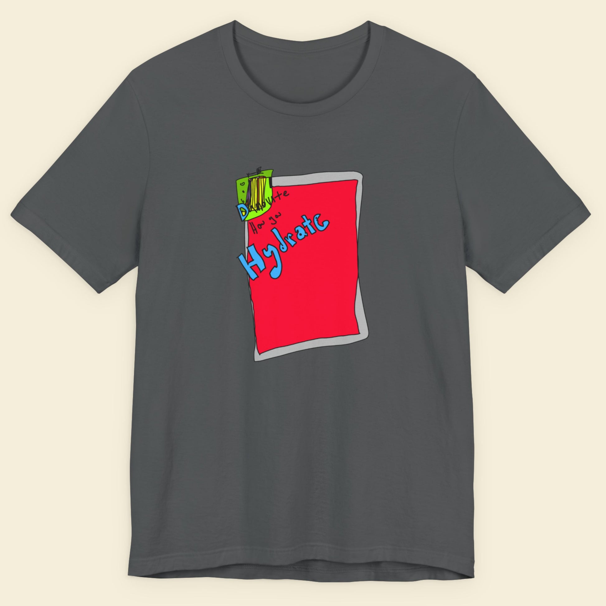 Grey t-shirt with a colorful abstract drawing on a beige background.