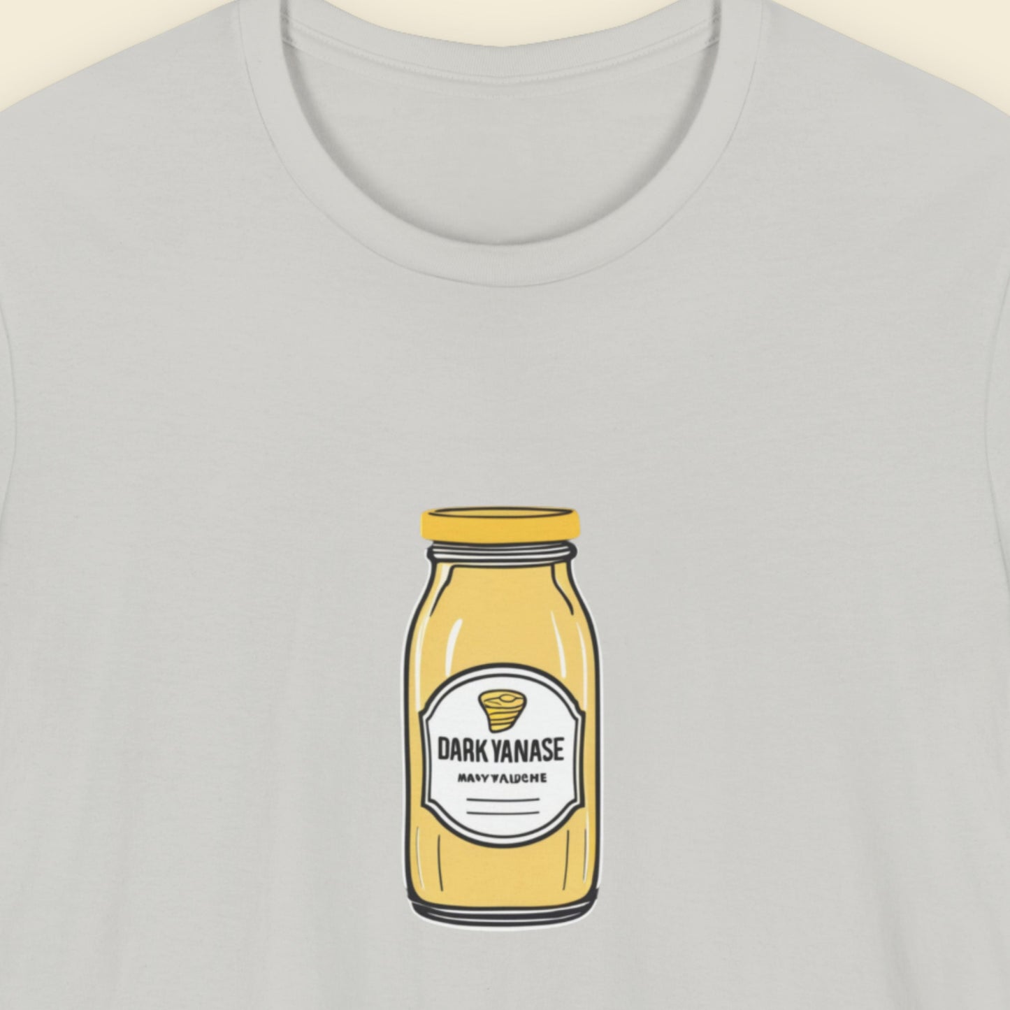 Light grey t-shirt with an illustration of a jar of Dark Yanase on a beige background.