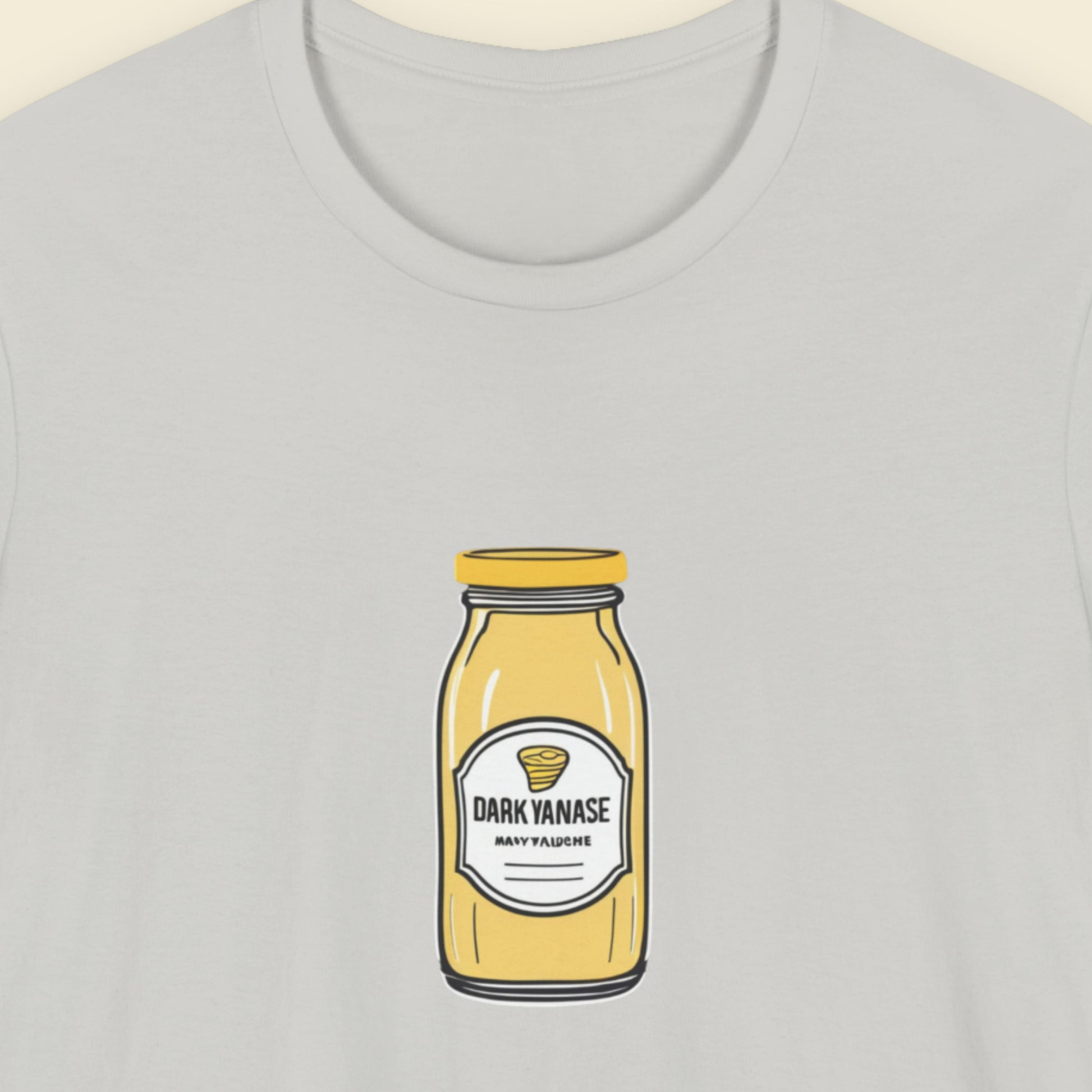 Light grey t-shirt with an illustration of a jar of Dark Yanase on a beige background.