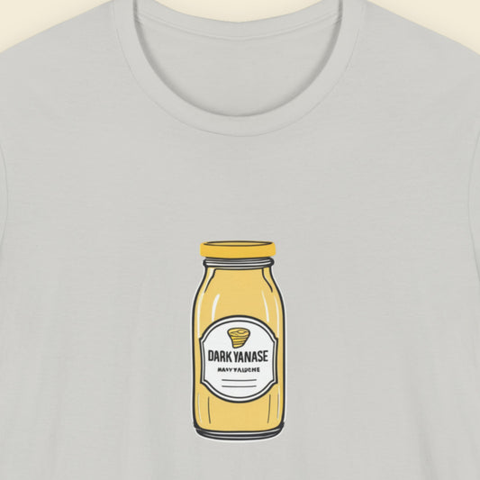 Light grey t-shirt with an illustration of a jar of Dark Yanase on a beige background.