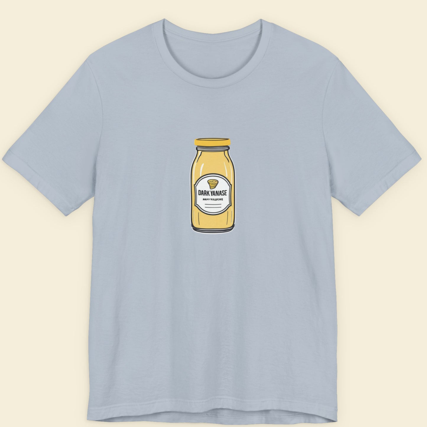 Light blue t-shirt with a mustard bottle graphic on a beige background.