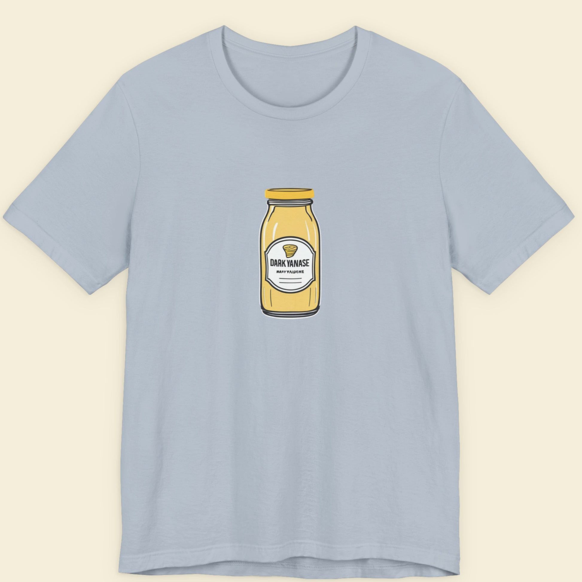 Light blue t-shirt with a mustard bottle graphic on a beige background.