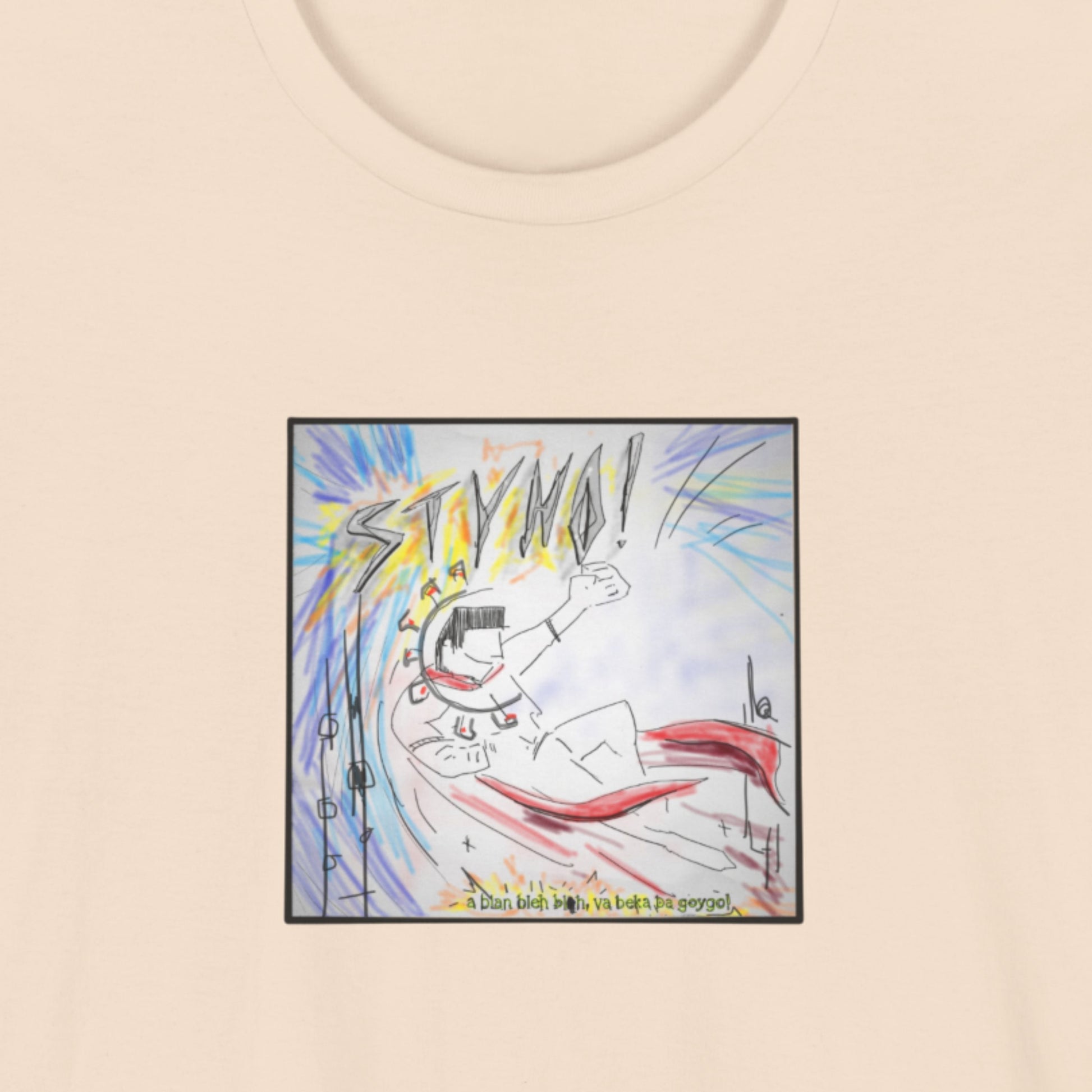beige t-shirt featuring the colorful album cover for Styho!