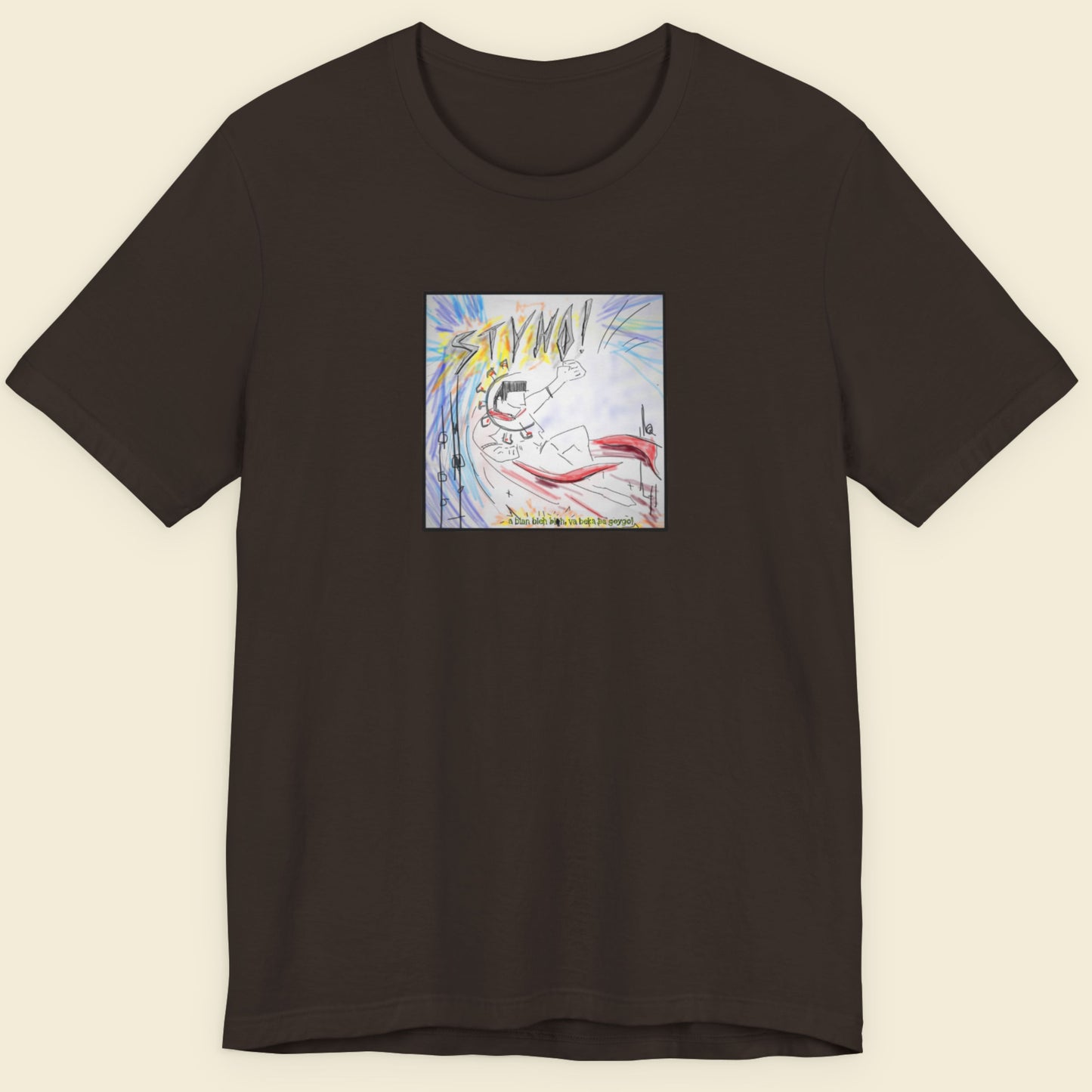 Brown t-shirt with a colorful graphic on a beige background
