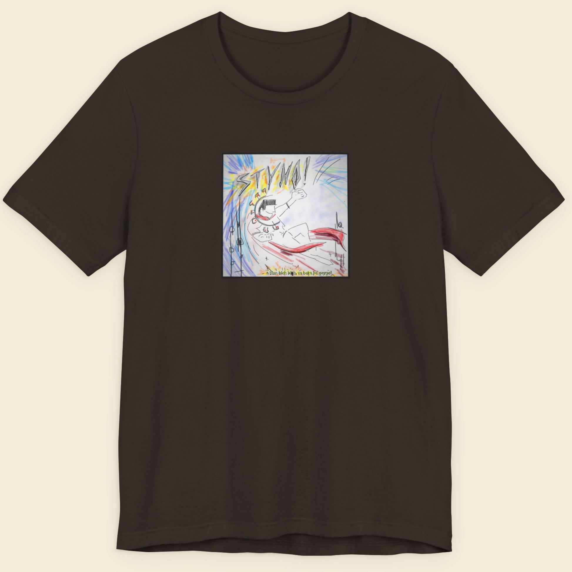 Brown t-shirt with a colorful graphic on a beige background