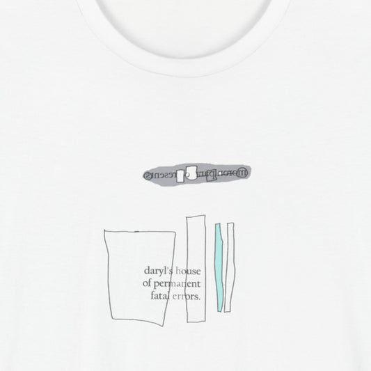 White t-shirt featuring the album cover for daryls house of permanent fatal errors.