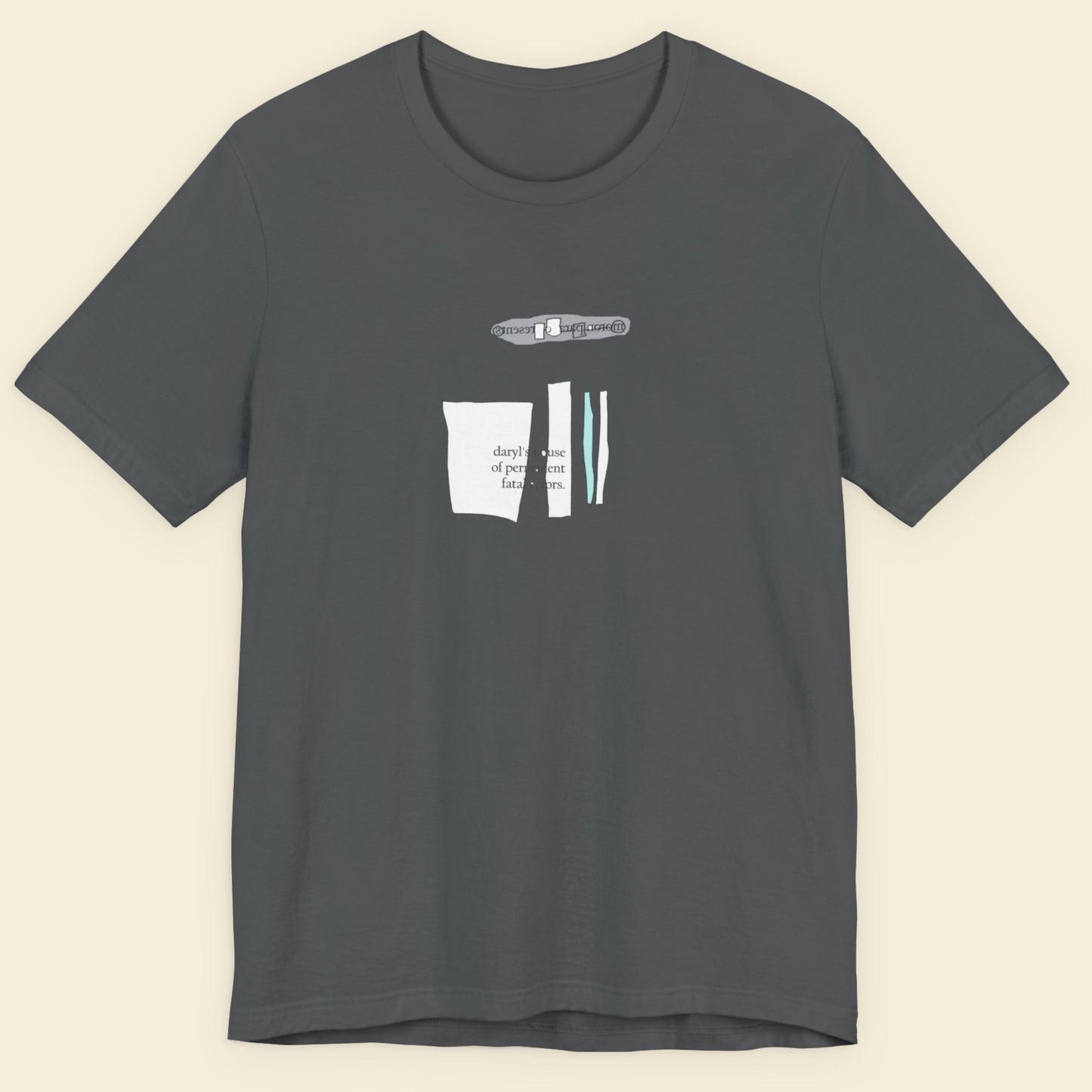 Grey t-shirt featuring the album cover for daryls house of permanent fatal errors.