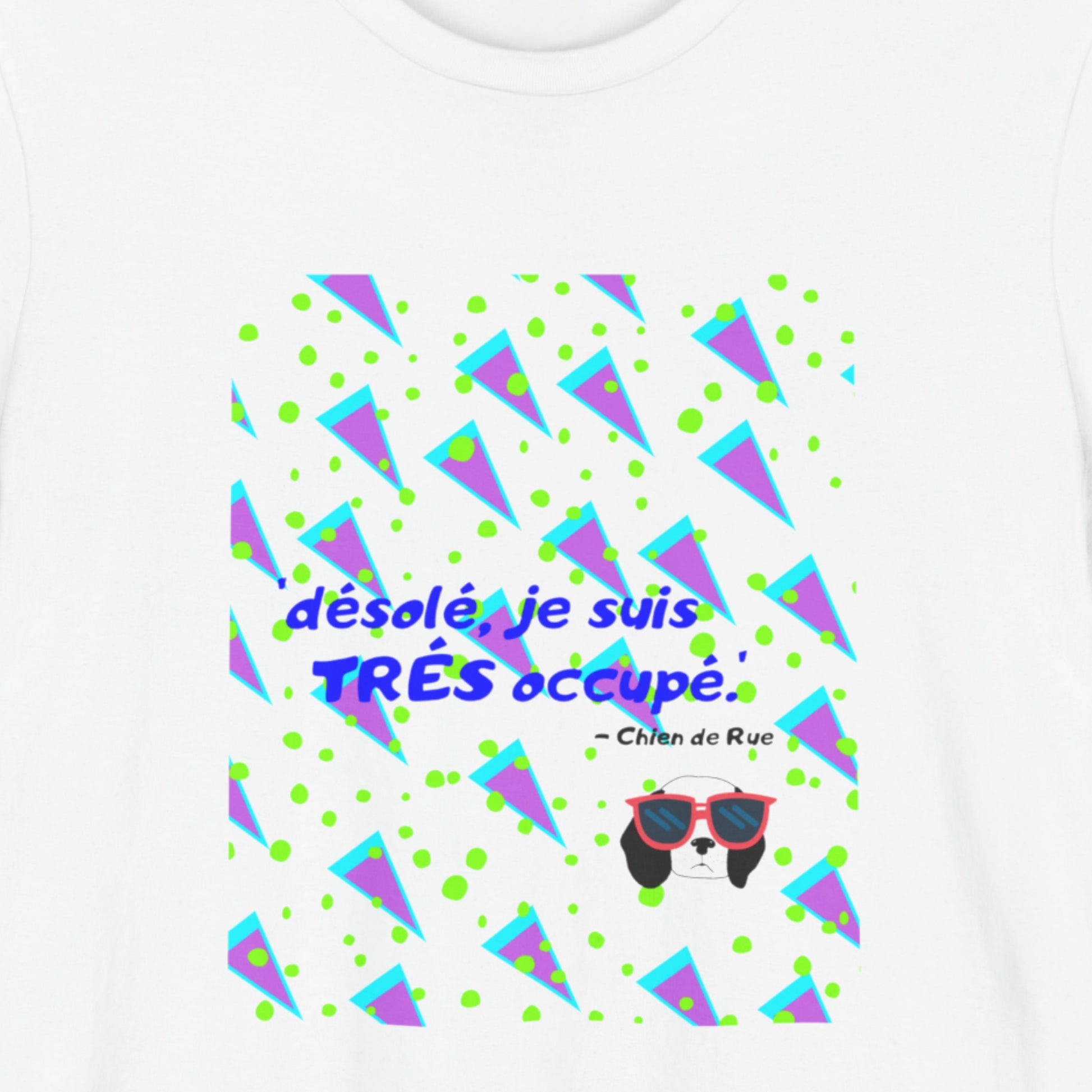 White t-shirt with a fun, colorful 90's era cartoon illustration on a beige background.
