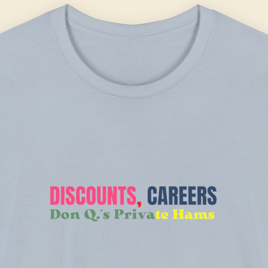 Light blue t-shirt with colorful text on a beige background