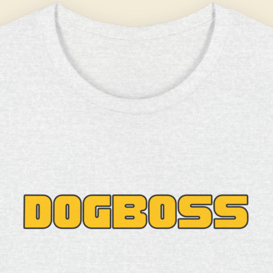 Ash grey t-shirt with humorous colorful text on a beige background.