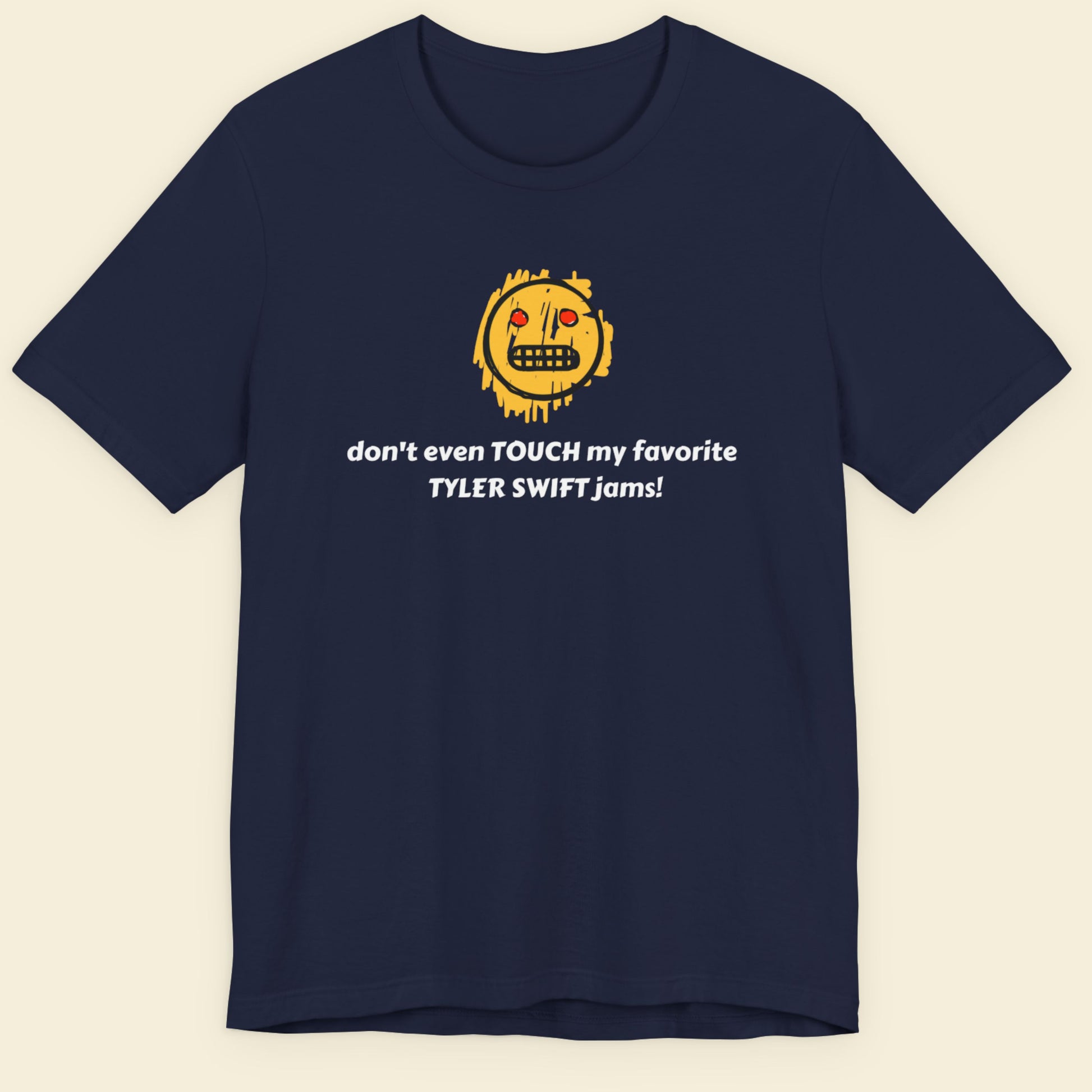 Navy blue t-shirt with yellow graphic and white text on a beige background.