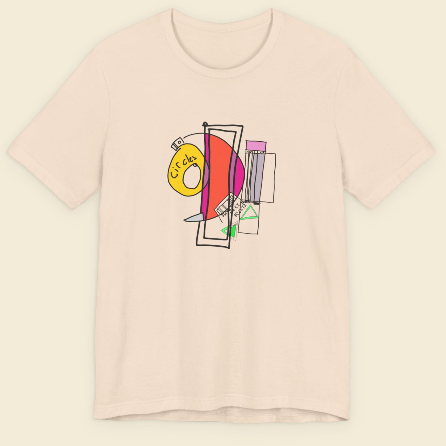 Beige t-shirt with a colorful abstract drawing on a beige background.