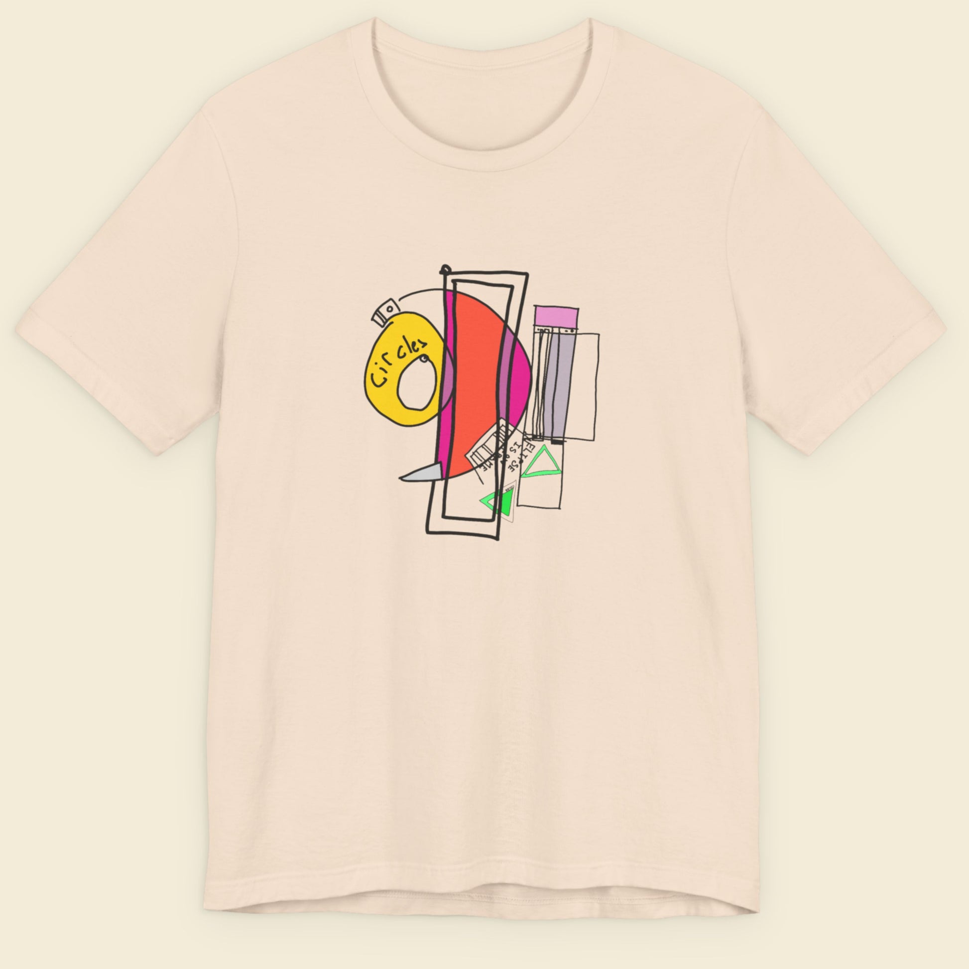 Beige t-shirt with a colorful abstract drawing on a beige background.
