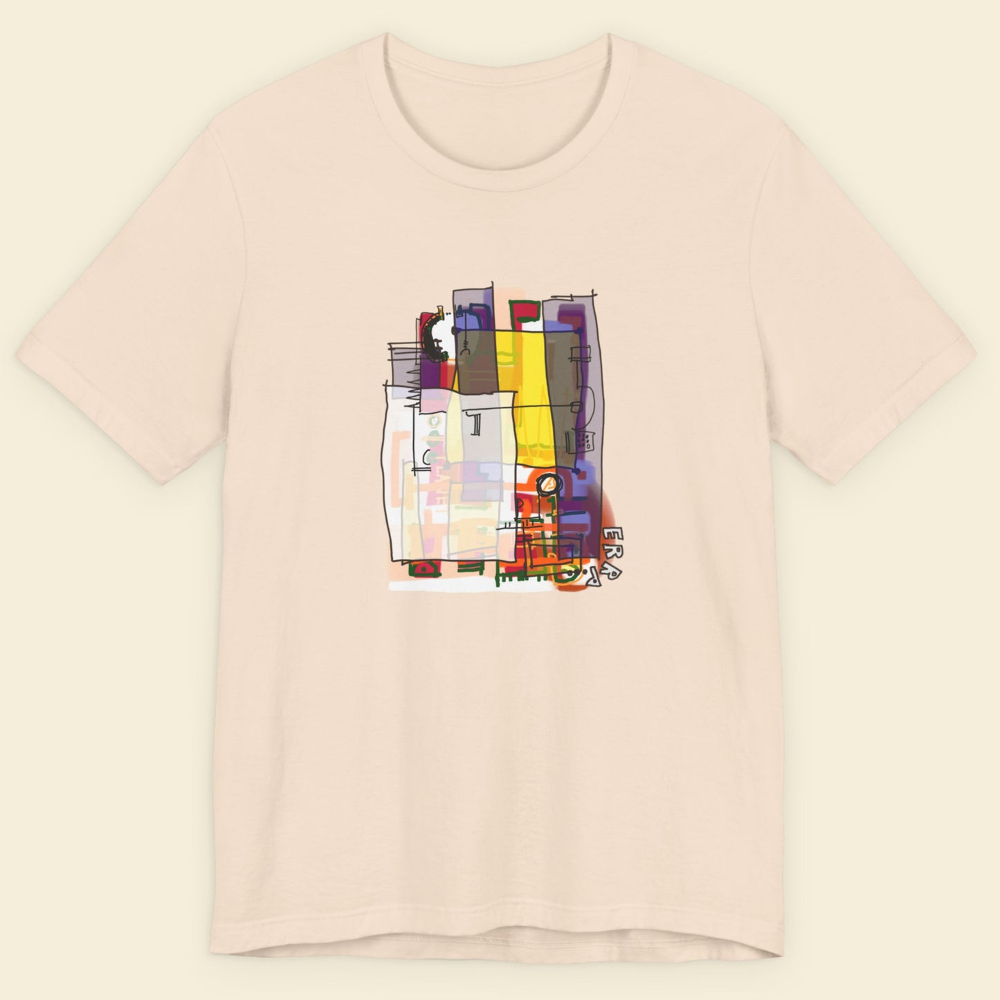 Beige t-shirt with a colorful abstract diagram drawing on a beige background.