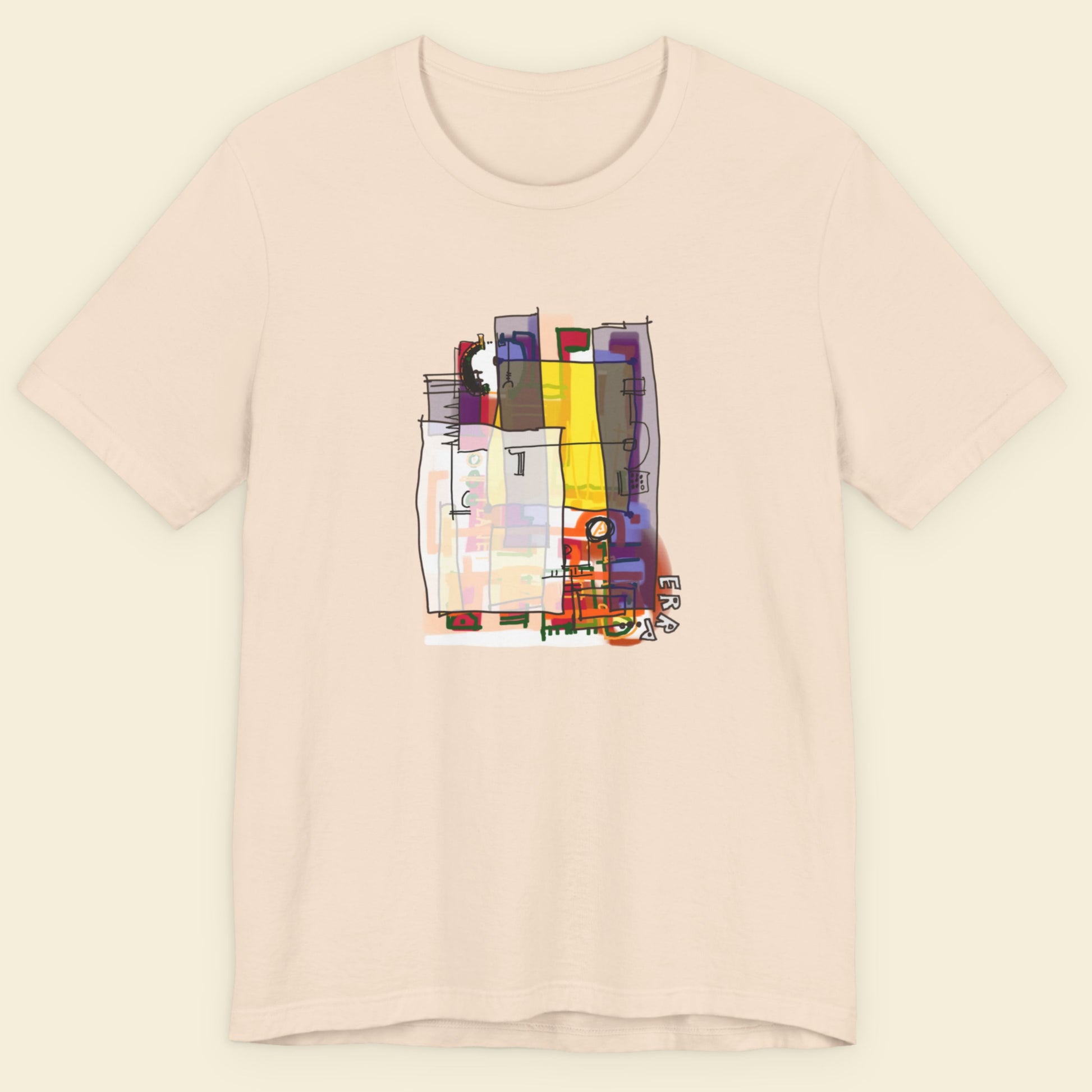 Beige t-shirt with a colorful abstract diagram drawing on a beige background.