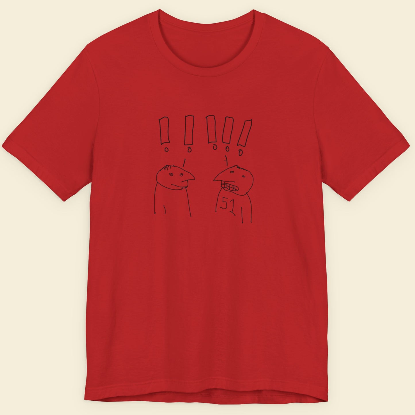 Red t-shirt with a line drawing on a beige background.