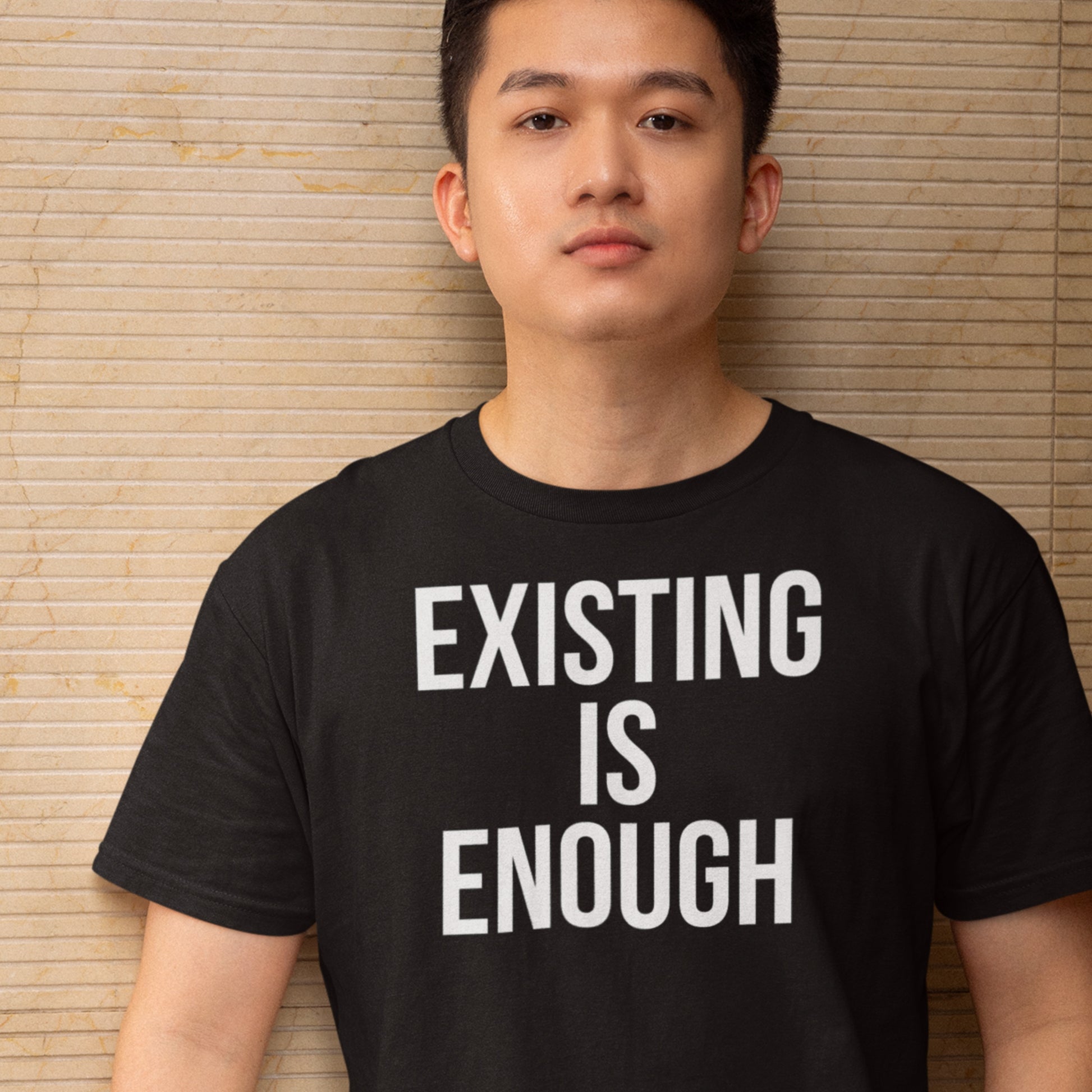 Existing is enough text t-shirt black minimalist design model