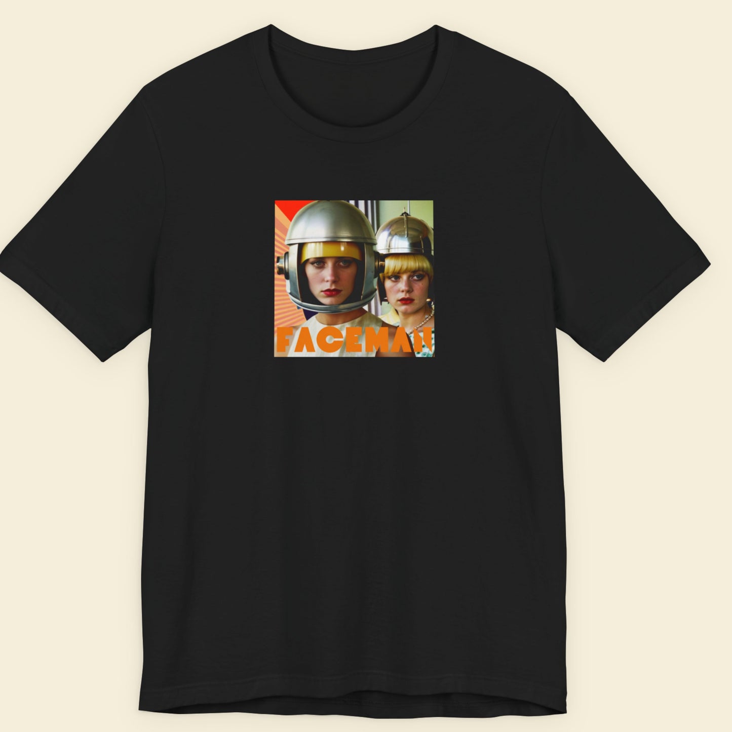 Black t-shirt with a graphic of two people wearing helmets and the word 'FACEMAN' on a beige background