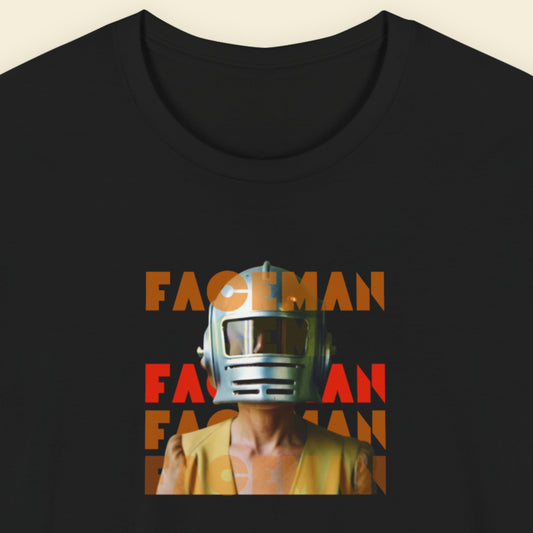 Black t-shirt with a graphic of a person wearing a helmet and the text 'FACEMAN' on a beige background.