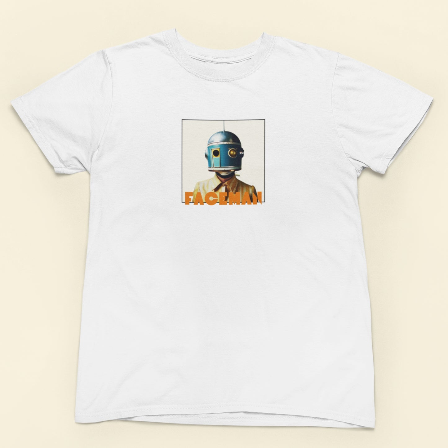 White shirt featuring an image of a helmet wearing woman as Faceman, famous space musician