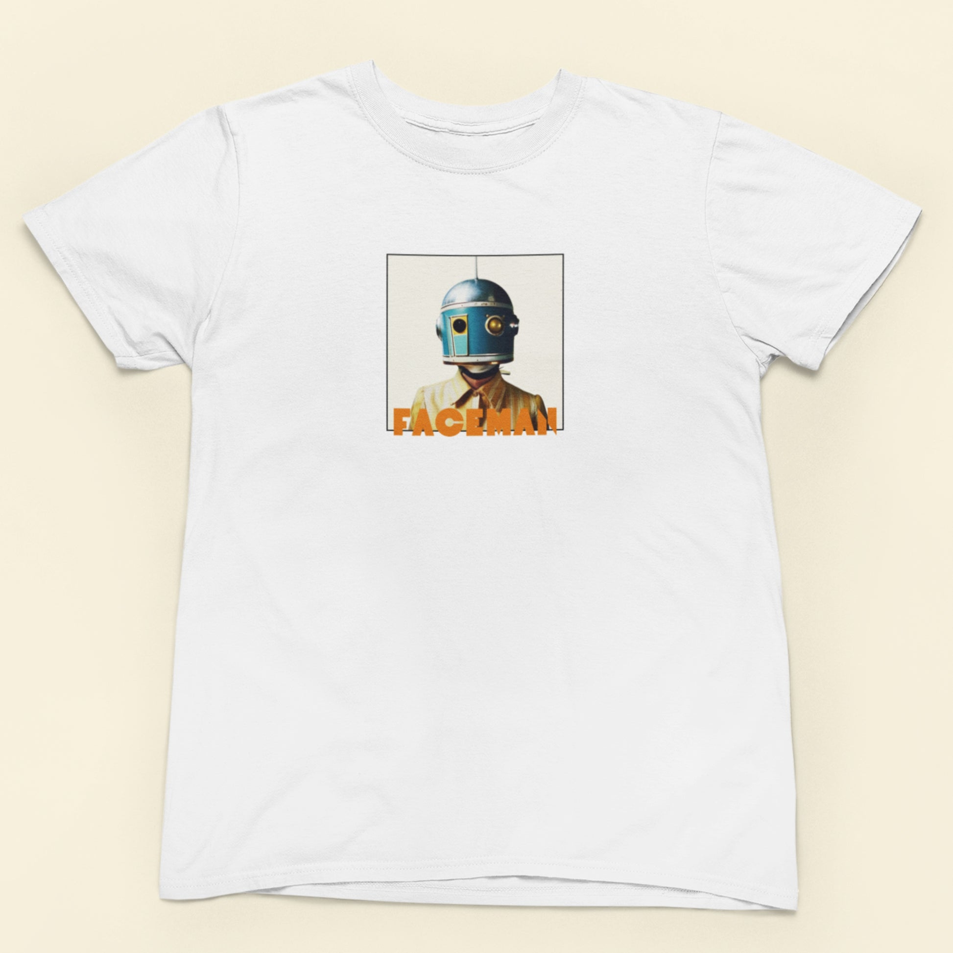 White shirt featuring an image of a helmet wearing woman as Faceman, famous space musician