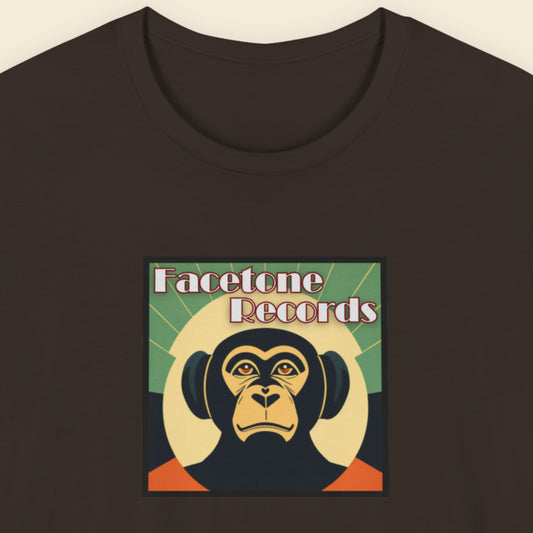 Black t-shirt with Facetone Records monkey logo on a beige background
