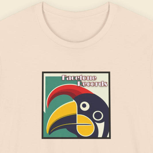 T-shirt with Facetone Records logo featuring a colorful toucan design on a beige background