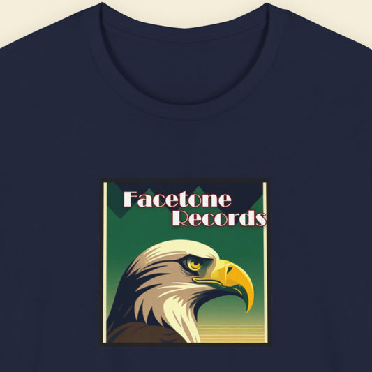 Navy blue t-shirt with Facetone Records logo featuring an eagle on a beige background