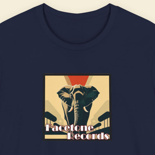 Navy blue t-shirt with Facetone Records graphic featuring an elephant.