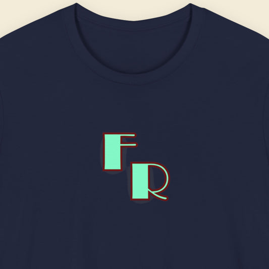 Navy blue t-shirt with 'FR' initials in green and red on a beige background