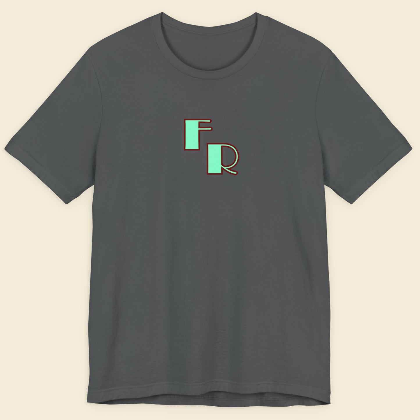 Gray t-shirt with 'FR' logo on a beige background