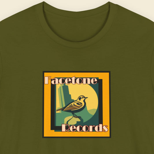 Green t-shirt with Facetone Records graphic featuring a bird design.