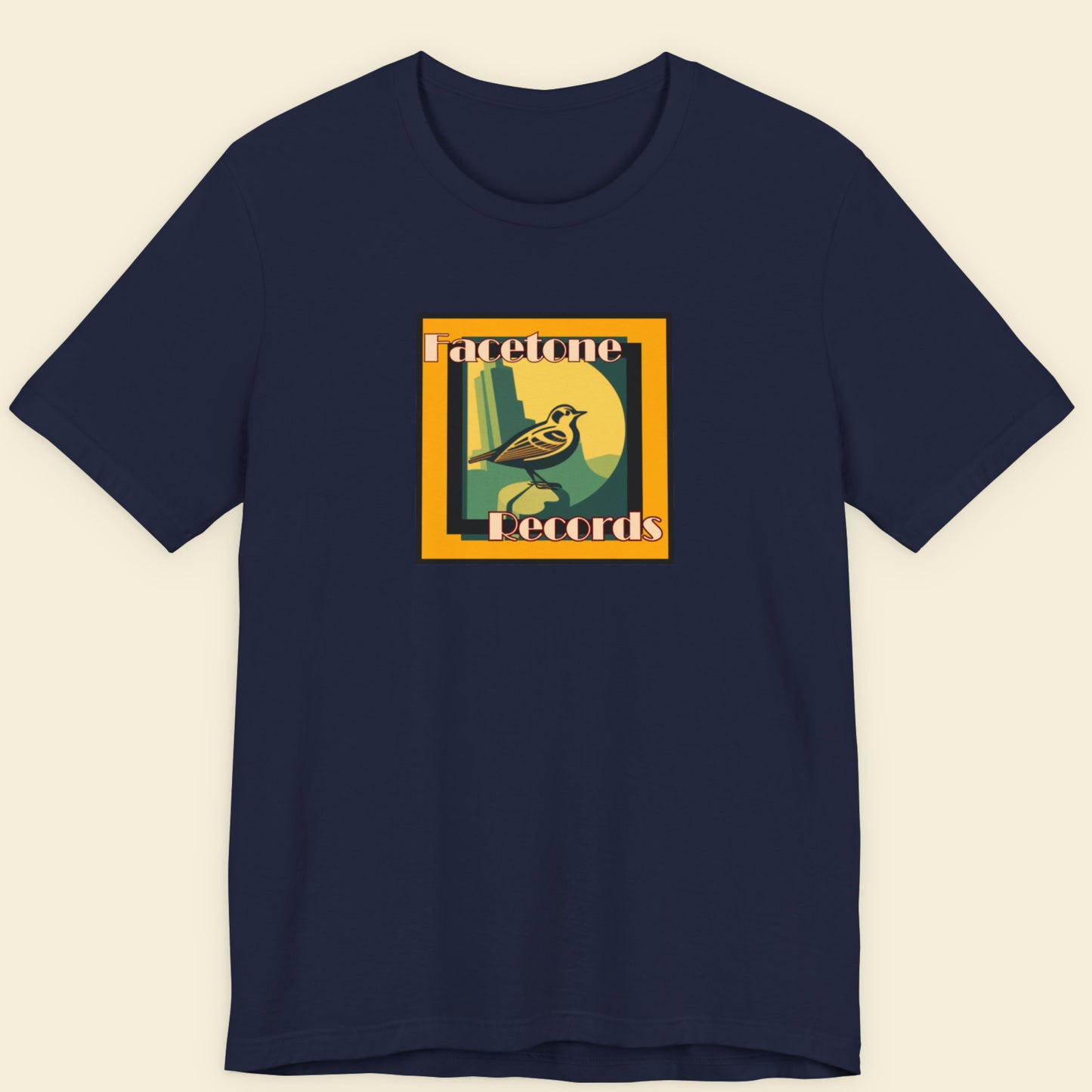 Navy t-shirt with Facetone Records graphic featuring a bird design.