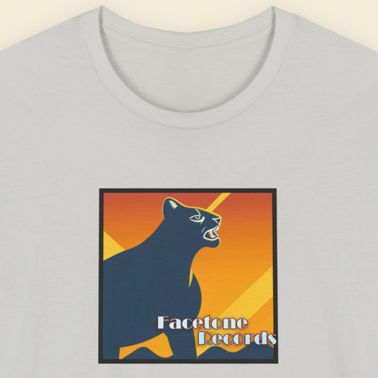 Gray t-shirt with a graphic of a panther and 'Facetone Records' text on a beige background