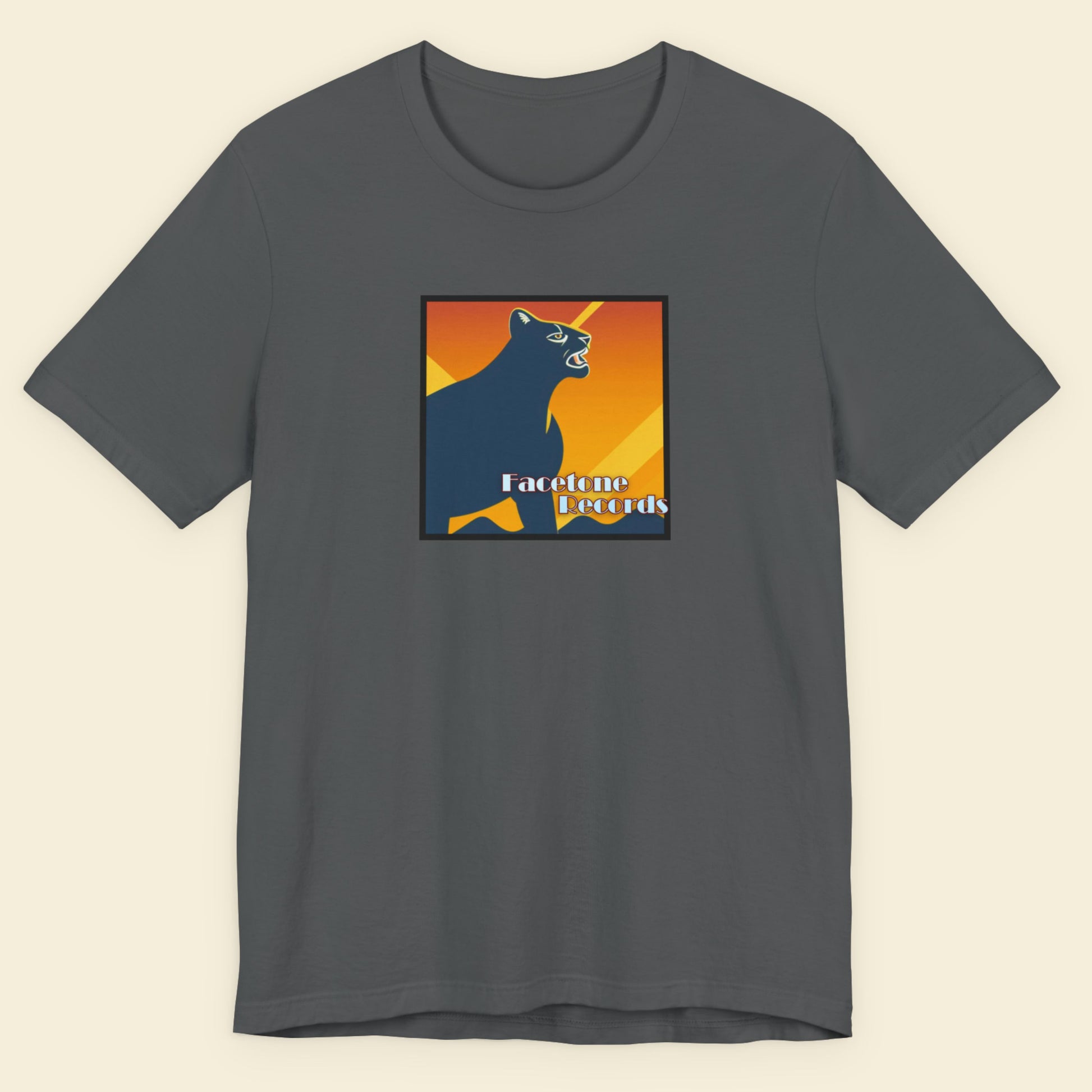 Gray t-shirt with a colorful graphic of a panther on a beige background
