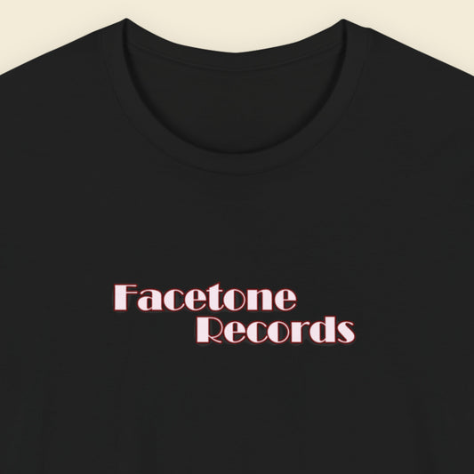 Black t-shirt with 'Facetone Records' text in red on a beige background